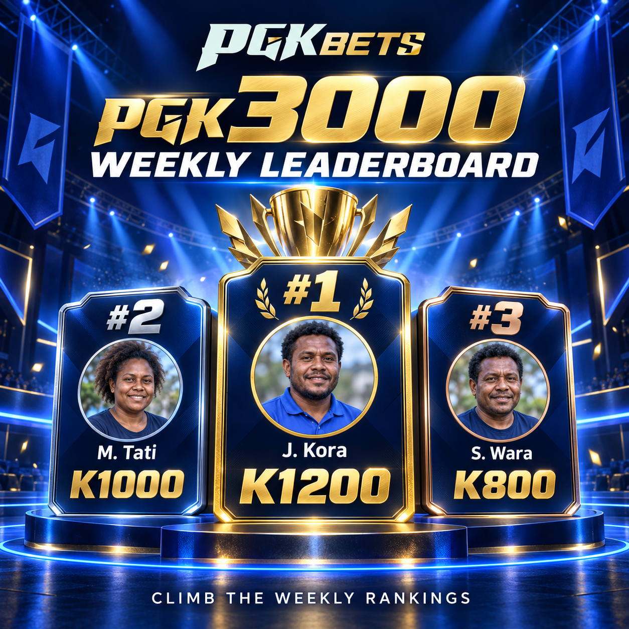 PGKBets PGK 3,000 weekly leaderboard campaign: first place K1,200, second K1,000, third K800. Portraits are campaign artwork.